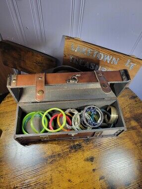 Vintage Wooden Jewelry Box with Assorted Colorful Bangle Bracelets